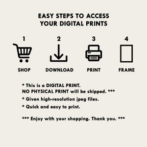Puede incluir: Imagen con el texto "EASY STEPS TO ACCESS YOUR DIGITAL PRINTS" y pasos numerados: Comprar, Descargar, Imprimir y Enmarcar. Texto adicional indica que es una impresi&oacute;n digital, no se enviar&aacute; impresi&oacute;n f&iacute;sica, e incluye archivos jpeg de alta resoluci&oacute;n.