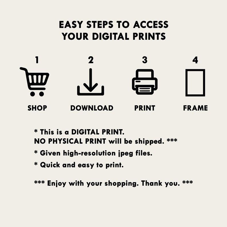 Puede incluir: Imagen con el texto "EASY STEPS TO ACCESS YOUR DIGITAL PRINTS" y pasos numerados: Comprar, Descargar, Imprimir y Enmarcar. Texto adicional indica que es una impresi&oacute;n digital, no se enviar&aacute; impresi&oacute;n f&iacute;sica, e incluye archivos jpeg de alta resoluci&oacute;n.