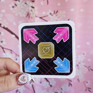 Puede incluir: Una pegatina cuadrada con fondo negro y una cuadrícula de líneas azules y moradas. Presenta cuatro flechas direccionales en rosa y azul, y un icono dorado en forma de corazón en el centro. La pegatina está sujeta por una mano.