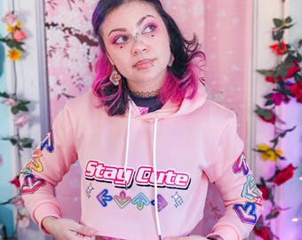 Sudadera corta con capucha rosa DDR: Stay, juego de ritmo, moda japonesa, ropa para gamers.