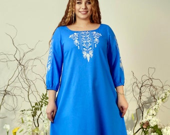 Folk Ukrainian Vyshyvanka with Hand Embroidery, Romantic Blue Linen Maxi Dress, Custom Dress  XXXL, Festival Clothing & Gift for Her