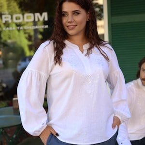 Plus Size White Embroidered Linen Blouse, Handmade Boho Women&#39;s Shirt with Long Sleeves, Lightweight Ethnic Style Clothing