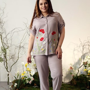 Hand Embroidered Linen Suit: Custom Floral Set, Plus Sizes