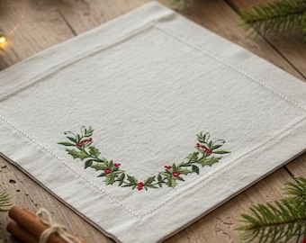 Embroidered Linen Napkins Set, Rustic Table Linens for Christmas Dinner, Elegant Cloth Napkins, Mom or Hostess  Gift