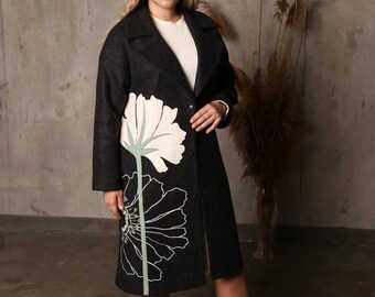 Vintage Wool Embroidery Coat: Bohemian Floral Jacket, Plus Size 16