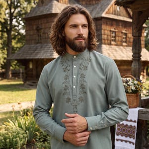 Camisa de lino bordada para hombre, camisa de manga larga personalizada de talla grande para hombre, camisa de lino para novio, atuendo para invitados de boda para hombres grandes y altos. imagen 2