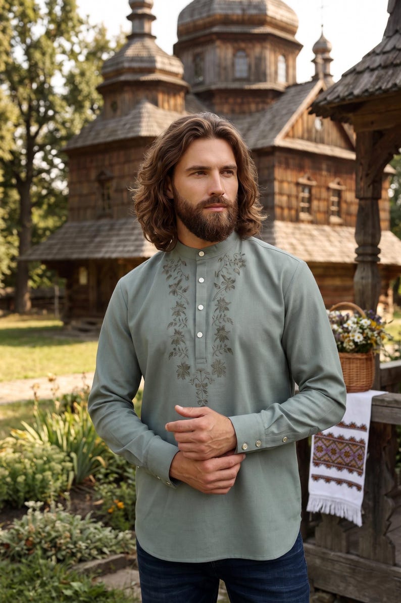 Camisa de lino bordada para hombre, camisa de manga larga personalizada de talla grande para hombre, camisa de lino para novio, atuendo para invitados de boda para hombres grandes y altos. imagen 2