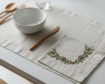Linen Napkins and Placemat, Rustic Table Decor, Christmas Table Linen, Embroidered Linen Napkins, Natural Dining Placemats, Holiday Gift Set