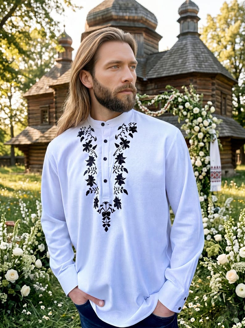 Camisa de lino bordada para hombre, camisa de manga larga personalizada de talla grande para hombre, camisa de lino para novio, atuendo para invitados de boda para hombres grandes y altos. imagen 18