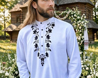 Mens Embroidered Linen Shirt, Rehearsal Dinner Outfit, White Long Sleeve Shirt, Groom Wedding Shirt, Gift for Him, Premium Linen Apparel