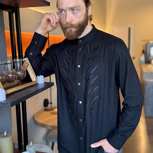 Men’s Black Embroidered Shirt , Handmade Long Sleeve Plus Size Men’s Shirt, Formal shirts for big and tall men, Ukrainian vyshyvanka for men