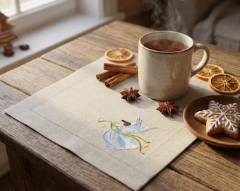 Linen Christmas Napkins Set, Angel Embroidered Dinner Napkins, Festive Table Setting Decor, Holiday Hostess Gift, Cocktail Cloth Napkins