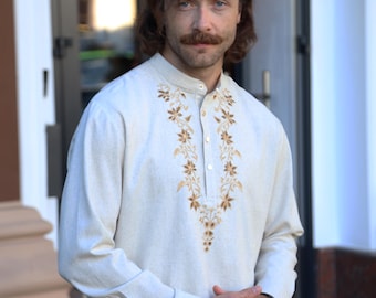 Camisa de lino bordada de talla grande para hombre, túnica hecha a mano, top de lino estilo boho, regalo para el Día del Padre, camisa ceremonial de lino personalizada para hombre, camisa boho para hombre