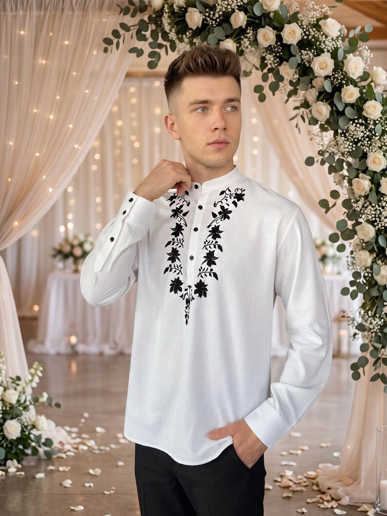 Camisa de lino bordada para hombre, camisa de manga larga personalizada de talla grande para hombre, camisa de lino para novio, atuendo para invitados de boda para hombres grandes y altos. imagen 15