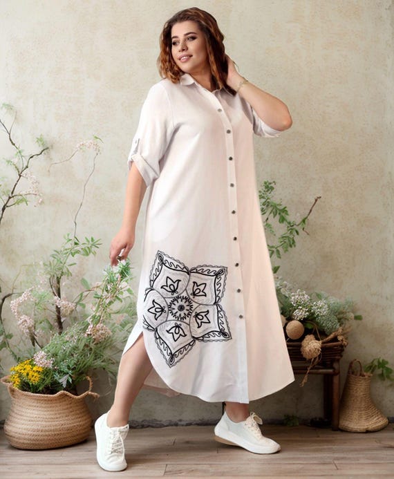 Embroidered Linen Shirt Dress: Plus Size Boho Wedding Guest Dress Embroidered Linen Shirt Dress: Plus Size Boho Wedding Guest Dress
