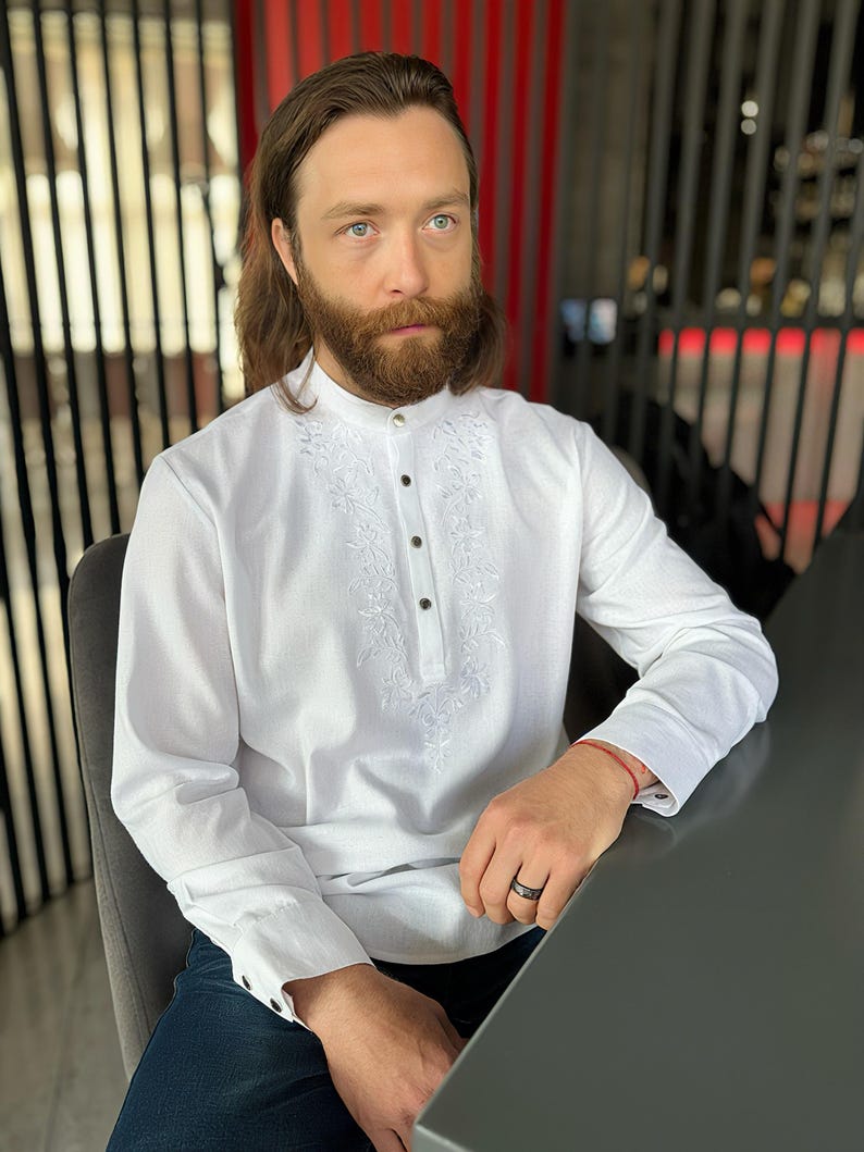 Camisa de lino bordada para hombre, camisa de manga larga personalizada de talla grande para hombre, camisa de lino para novio, atuendo para invitados de boda para hombres grandes y altos. imagen 16