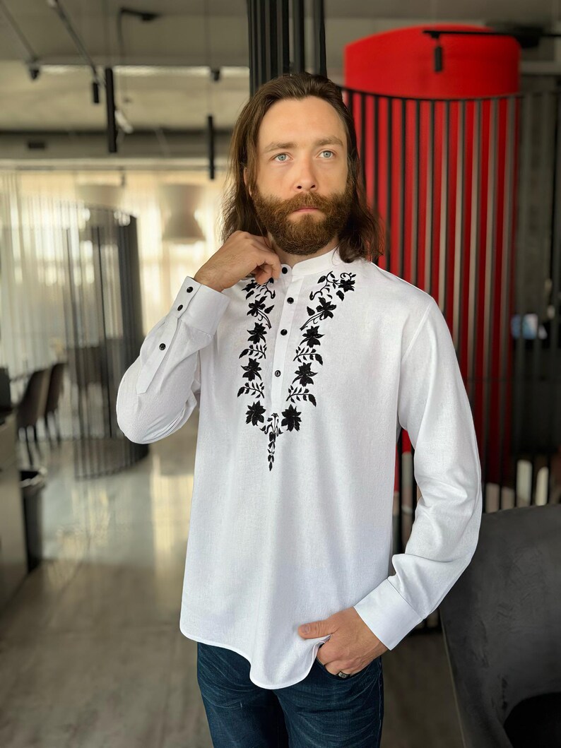Camisa de lino bordada para hombre, camisa de manga larga personalizada de talla grande para hombre, camisa de lino para novio, atuendo para invitados de boda para hombres grandes y altos. imagen 20