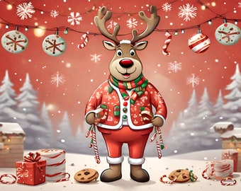 Qty 4 - Christmas Reindeer, Holiday Scene, Ugly Sweater, Christmas Decorations, Red and White