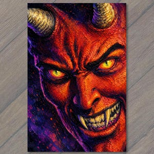 May include: A vibrant digital painting of a demonic face with textured red skin, sharp yellow eyes, and two prominent curved horns. The creature displays a wide, menacing grin revealing rows of pointed teeth, set against a dark purple background.