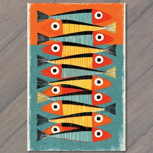 May include: A rectangular print featuring a vertical stack of stylized fish. The top section is orange, while the bottom section is teal with a swirling pattern. The fish alternate between yellow and teal bodies, each with a red head and black eye.