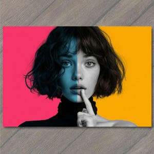 May include: A portrait of a person with dark, wavy hair and a black turtleneck sweater. The image is split vertically, with a vibrant pink background on the left side and a bright yellow background on the right, creating a high-contrast effect.