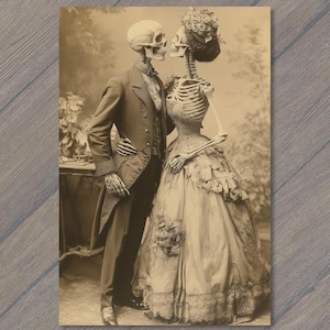 May include: Sepia-toned print of a skeletal couple embracing. The male skeleton wears a formal suit, while the female skeleton is in a vintage-style gown with floral accents. The image evokes a vintage, gothic, or Halloween theme.