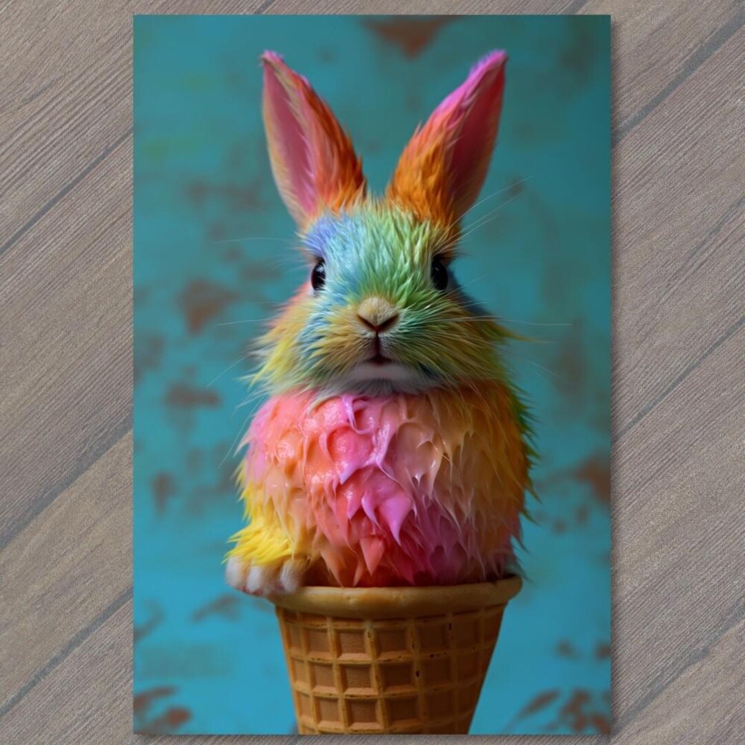 Bunny Rabbit Ice Cream Cone Art Glossy Postcard - Etsy