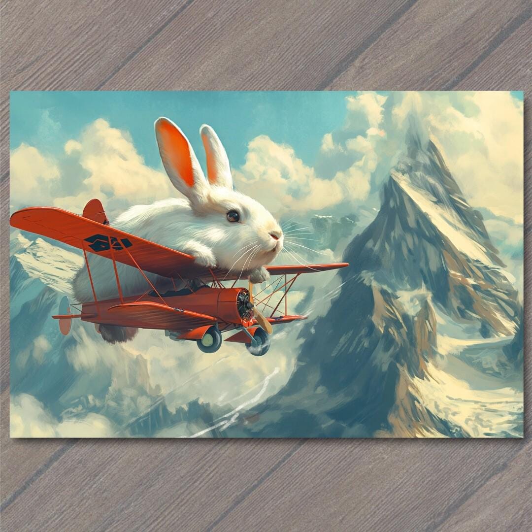 POSTCARD Bunny Rabbit Flying Airplane Fun Strange Colorful Unreal Cute ...
