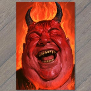 May include: A digital illustration of a red-skinned demon with a wide, laughing expression, showing sharp teeth. The figure has two dark, curved horns protruding from its head, set against a vibrant, swirling background of orange and yellow flames.
