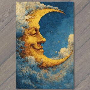 May include: A textured oil painting style illustration of a golden yellow crescent moon with a human face, featuring closed eyes and a gentle smile. The moon is surrounded by thick, swirling blue clouds that fill the dark blue night sky background.
