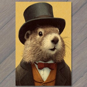 May include: A brown groundhog wearing a black top hat, a dark gray suit jacket, a mustard yellow vest, and a small red bow tie. The illustration features a textured, golden-yellow background and detailed fur strokes on the animal's face and chest.