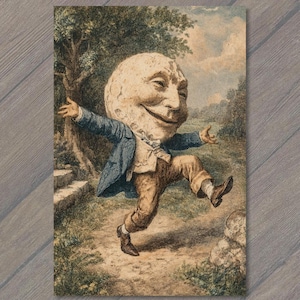 May include: Vintage illustration of a jovial figure with a moon-shaped head, wearing a blue jacket, tan pants, and brown shoes. The figure is depicted in a whimsical outdoor scene with trees and a path, evoking a sense of joy.