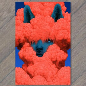 May include: A digital illustration of a dark blue wolf-like creature emerging from a dense, vibrant orange cloud formation. The creature features pointed ears and visible eyes, surrounded by thick, textured orange smoke against a blue background.