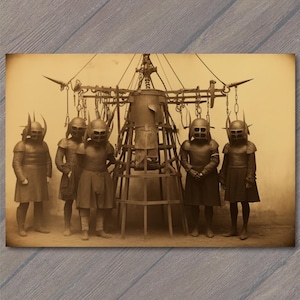 May include: Sepia-toned image of six figures in medieval armor and helmets, standing in front of a large, cage-like structure. The figures are wearing helmets with eye slits and horned or pointed details. The structure has a central container suspended by chains.