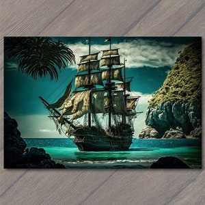 Postkarte Piratenschiff auf offener See - Vorbei an Felsen und einer Insel