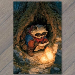 May include: A raccoon wearing round glasses, a blue jacket, and a red scarf sits inside a hollow tree trunk. The raccoon holds a piece of paper while illuminated by the warm, glowing light of two small, rounded stones resting on the ground nearby.