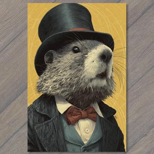 May include: A digital illustration of a groundhog wearing a black top hat, a dark charcoal coat, a white collared shirt, and a rust-colored bow tie. The groundhog is positioned against a yellow background featuring thin, circular line patterns.