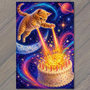 May include: A vibrant digital illustration of an orange tabby kitten floating in space, shooting laser beams from its paws toward a round birthday cake with lit candles. The background features a swirling nebula, stars, and a planet.