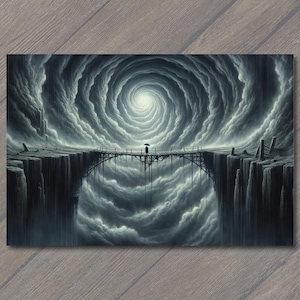 May include: A surreal art print depicting a person with an umbrella on a rickety bridge spanning a chasm. The bridge leads to a bright light within a swirling vortex of dark clouds. The artwork is rendered in shades of gray and white.