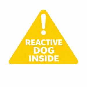 May include: A yellow triangular sign with a white exclamation point and the text "REACTIVE DOG INSIDE" in bold white letters. The sign is designed to alert others to the presence of a dog that may react to stimuli.