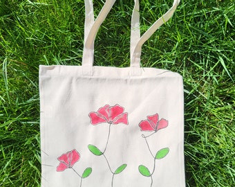 Cotton tote bag jute bag with flowers red