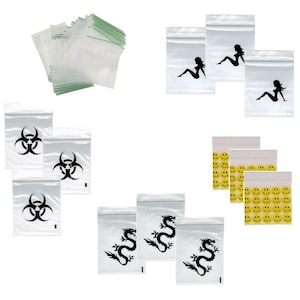 May include: Clear plastic zip-top bags with assorted designs. Some bags display a black silhouette of a woman, a biohazard symbol, a dragon, and smiley faces. The bags are sealed with a green strip.