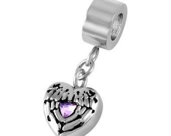 Ashes Charm urn for bracelet Memorial keepsake cremation jewellery bead fits Pandora for human or pet dog ash Heart charm with stone