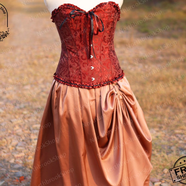 Elegant Victorian Overbust Corset, Renaissance Bustier Corset Top, Medieval Floral Plus Size Corset, Retro Brown Lace up Corset for Womens