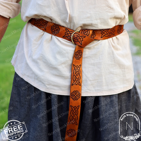 Renaissance Larp PU Leather Belt, Viking Medieval Pirate Waist Belt, Ren Faire Knights Celtic Style Belt, Brown & Black Cosplay D Ring Belt