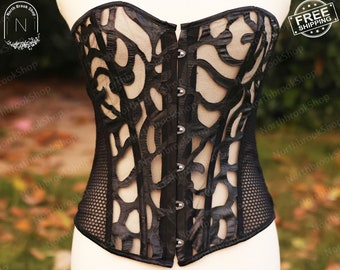 Renaissance Bustier Mesh Korsett Top, Mittelalterliches Abendkleid Korsett Fee Vintage Viktorianisches Korsett Ren Faire Elegantes geschnürtes Hohlkorsett Top