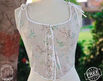 Fairy Milkmaid Lace up Corset, Renaissance Prom Dress Corset, Medieval Overbust Victorian Corset, Elegant Ren Faire Floral Cosplay Corset