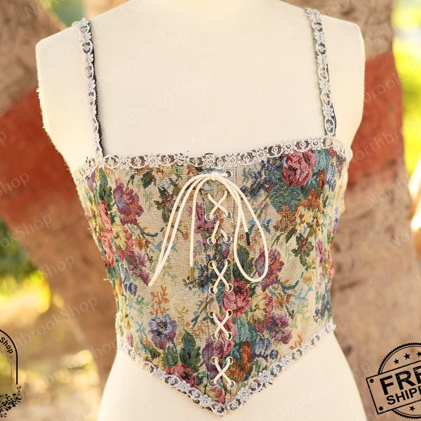 Flaredmax Vintage Floral Corset Top – Y2k Off-Shoulder Drawstring Bustier, Polyester, White Floral - View #12
