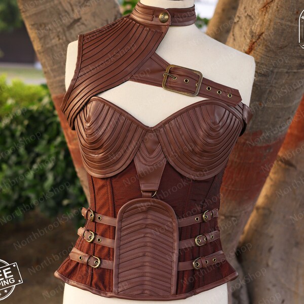 Corset en cuir gothique Renaissance, corset médiéval à lacets overbust, armure d'épaule de samouraï viking, haut corset victorien pirate steampunk