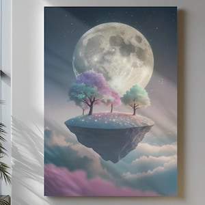 Floating Island Moon Art Print: Surreal Pastel Landscape (Digital Download
